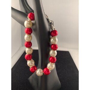Silver Tone, Red And White Beaded Snake Chain Bracelet (5464)